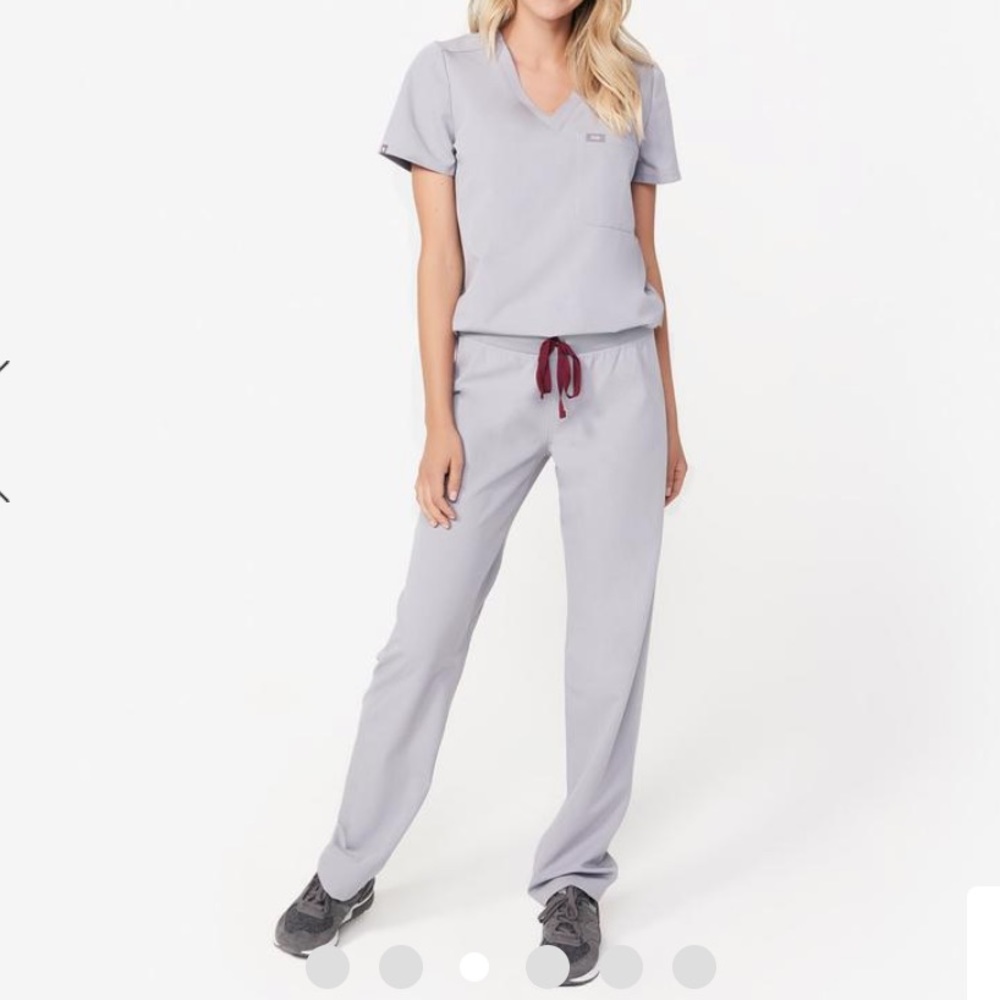 Figs Women's Light Gray Scrub Set with Maroon Drawstring